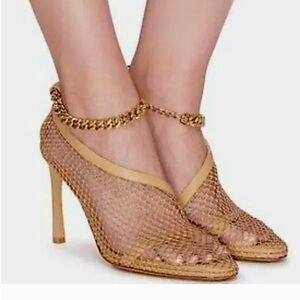 BOTTEGA VENETA leather Mesh Nappa Chunky Chain Heel Sandals Beige Pony 37 New